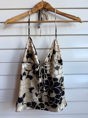BCBGMaxAzria Black & Cream Floral Halter Cami Adjustable Ties